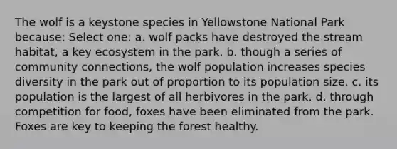 The wolf is a keystone species in Yellowstone National Park because: Select one: a. wolf packs have destroyed the stream habitat, a key ecosystem in the park. b. though a series of community connections, the wolf population increases species diversity in the park out of proportion to its population size. c. its population is the largest of all herbivores in the park. d. through competition for food, foxes have been eliminated from the park. Foxes are key to keeping the forest healthy.