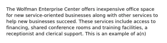 The Wolfman Enterprise Center offers inexpensive office space for new service-oriented businesses along with other services to help new businesses succeed. These services include access to financing, shared conference rooms and training facilities, a receptionist and clerical support. This is an example of a(n)