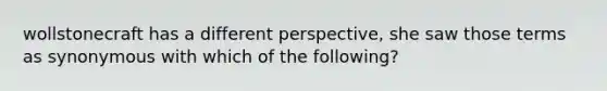 wollstonecraft has a different perspective, she saw those terms as synonymous with which of the following?