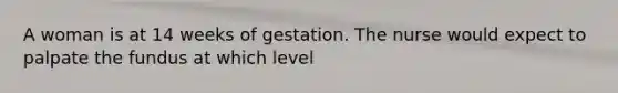 A woman is at 14 weeks of gestation. The nurse would expect to palpate the fundus at which level