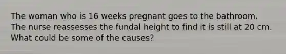 The woman who is 16 weeks pregnant goes to the bathroom. The nurse reassesses the fundal height to find it is still at 20 cm. What could be some of the causes?