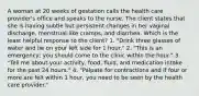 A woman at 20 weeks of gestation calls the health care provider's office and speaks to the nurse. The client states that she is having subtle but persistent changes in her vaginal discharge, menstrual-like cramps, and diarrhea. Which is the least helpful response to the client? 1. "Drink three glasses of water and lie on your left side for 1 hour." 2. "This is an emergency; you should come to the clinic within the hour." 3. "Tell me about your activity, food, fluid, and medication intake for the past 24 hours." 4. "Palpate for contractions and if four or more are felt within 1 hour, you need to be seen by the health care provider."