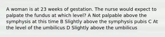 A woman is at 23 weeks of gestation. The nurse would expect to palpate the fundus at which level? A Not palpable above the symphysis at this time B Slightly above the symphysis pubis C At the level of the umbilicus D Slightly above the umbilicus