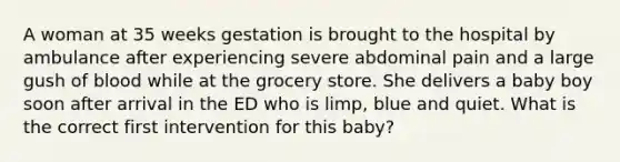 A woman at 35 weeks gestation is brought to the hospital by ambulance after experiencing severe abdominal pain and a large gush of blood while at the grocery store. She delivers a baby boy soon after arrival in the ED who is limp, blue and quiet. What is the correct first intervention for this baby?