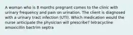 A woman who is 8 months pregnant comes to the clinic with urinary frequency and pain on urination. The client is diagnosed with a urinary tract infection (UTI). Which medication would the nurse anticipate the physician will prescribe? tetracycline amoxicillin bactrim septra