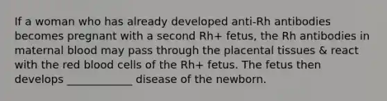 If a woman who has already developed anti-Rh antibodies becomes pregnant with a second Rh+ fetus, the Rh antibodies in maternal blood may pass through the placental tissues & react with the red blood cells of the Rh+ fetus. The fetus then develops ____________ disease of the newborn.