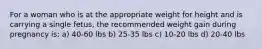 For a woman who is at the appropriate weight for height and is carrying a single fetus, the recommended weight gain during pregnancy is: a) 40-60 lbs b) 25-35 lbs c) 10-20 lbs d) 20-40 lbs