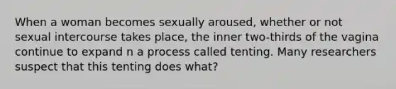 When a woman becomes sexually aroused, whether or not sexual intercourse takes place, the inner two-thirds of the vagina continue to expand n a process called tenting. Many researchers suspect that this tenting does what?