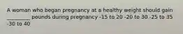 A woman who began pregnancy at a healthy weight should gain _________ pounds during pregnancy -15 to 20 -20 to 30 -25 to 35 -30 to 40