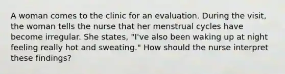 A woman comes to the clinic for an evaluation. During the visit, the woman tells the nurse that her menstrual cycles have become irregular. She states, "I've also been waking up at night feeling really hot and sweating." How should the nurse interpret these findings?