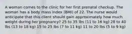 A woman comes to the clinic for her first prenatal checkup. The woman has a body mass index (BMI) of 22. The nurse would anticipate that this client should gain approximately how much weight during her pregnancy? 25 to 35 lbs (11 to 16 kg) 28 to 40 lbs (13 to 18 kg) 15 to 25 lbs (7 to 11 kg) 11 to 20 lbs (5 to 9 kg)