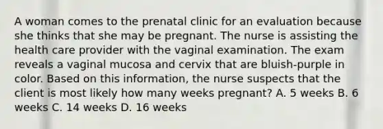 A woman comes to the prenatal clinic for an evaluation because she thinks that she may be pregnant. The nurse is assisting the health care provider with the vaginal examination. The exam reveals a vaginal mucosa and cervix that are bluish-purple in color. Based on this information, the nurse suspects that the client is most likely how many weeks pregnant? A. 5 weeks B. 6 weeks C. 14 weeks D. 16 weeks