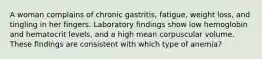 A woman complains of chronic gastritis, fatigue, weight loss, and tingling in her fingers. Laboratory findings show low hemoglobin and hematocrit levels, and a high mean corpuscular volume. These findings are consistent with which type of anemia?