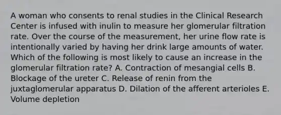 A woman who consents to renal studies in the Clinical Research Center is infused with inulin to measure her glomerular filtration rate. Over the course of the measurement, her urine flow rate is intentionally varied by having her drink large amounts of water. Which of the following is most likely to cause an increase in the glomerular filtration rate? A. Contraction of mesangial cells B. Blockage of the ureter C. Release of renin from the juxtaglomerular apparatus D. Dilation of the afferent arterioles E. Volume depletion