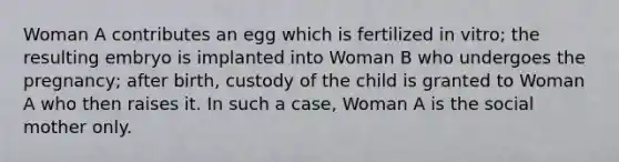 Woman A contributes an egg which is fertilized in vitro; the resulting embryo is implanted into Woman B who undergoes the pregnancy; after birth, custody of the child is granted to Woman A who then raises it. In such a case, Woman A is the social mother only.