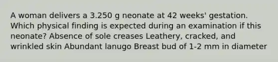 A woman delivers a 3.250 g neonate at 42 weeks' gestation. Which physical finding is expected during an examination if this neonate? Absence of sole creases Leathery, cracked, and wrinkled skin Abundant lanugo Breast bud of 1-2 mm in diameter