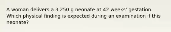 A woman delivers a 3.250 g neonate at 42 weeks' gestation. Which physical finding is expected during an examination if this neonate?