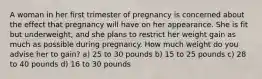 A woman in her first trimester of pregnancy is concerned about the effect that pregnancy will have on her appearance. She is fit but underweight, and she plans to restrict her weight gain as much as possible during pregnancy. How much weight do you advise her to gain? a) 25 to 30 pounds b) 15 to 25 pounds c) 28 to 40 pounds d) 16 to 30 pounds