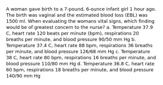 A woman gave birth to a 7-pound, 6-ounce infant girl 1 hour ago. The birth was vaginal and the estimated blood loss (EBL) was 1500 ml. When evaluating the womans vital signs, which finding would be of greatest concern to the nurse? a. Temperature 37.9 C, heart rate 120 beats per minute (bpm), respirations 20 breaths per minute, and blood pressure 90/50 mm Hg b. Temperature 37.4 C, heart rate 88 bpm, respirations 36 breaths per minute, and blood pressure 126/68 mm Hg c. Temperature 38 C, heart rate 80 bpm, respirations 16 breaths per minute, and blood pressure 110/80 mm Hg d. Temperature 36.8 C, heart rate 60 bpm, respirations 18 breaths per minute, and blood pressure 140/90 mm Hg