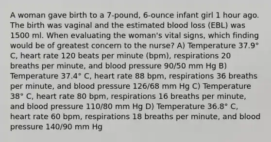 A woman gave birth to a 7-pound, 6-ounce infant girl 1 hour ago. The birth was vaginal and the estimated blood loss (EBL) was 1500 ml. When evaluating the woman's vital signs, which finding would be of greatest concern to the nurse? A) Temperature 37.9° C, heart rate 120 beats per minute (bpm), respirations 20 breaths per minute, and blood pressure 90/50 mm Hg B) Temperature 37.4° C, heart rate 88 bpm, respirations 36 breaths per minute, and blood pressure 126/68 mm Hg C) Temperature 38° C, heart rate 80 bpm, respirations 16 breaths per minute, and blood pressure 110/80 mm Hg D) Temperature 36.8° C, heart rate 60 bpm, respirations 18 breaths per minute, and blood pressure 140/90 mm Hg