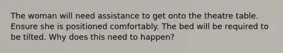 The woman will need assistance to get onto the theatre table. Ensure she is positioned comfortably. The bed will be required to be tilted. Why does this need to happen?