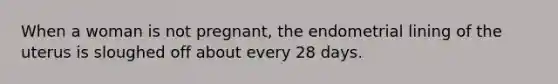 When a woman is not pregnant, the endometrial lining of the uterus is sloughed off about every 28 days.