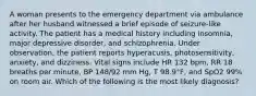 A woman presents to the emergency department via ambulance after her husband witnessed a brief episode of seizure-like activity. The patient has a medical history including insomnia, major depressive disorder, and schizophrenia. Under observation, the patient reports hyperacusis, photosensitivity, anxiety, and dizziness. Vital signs include HR 132 bpm, RR 18 breaths per minute, BP 148/92 mm Hg, T 98.9°F, and SpO2 99% on room air. Which of the following is the most likely diagnosis?