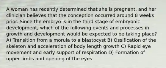 A woman has recently determined that she is pregnant, and her clinician believes that the conception occurred around 8 weeks prior. Since the embryo is in the third stage of embryonic development, which of the following events and processes in growth and development would be expected to be taking place? A) Transition from a morula to a blastocyst B) Ossification of the skeleton and acceleration of body length growth C) Rapid eye movement and early support of respiration D) Formation of upper limbs and opening of the eyes