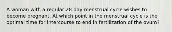 A woman with a regular 28-day menstrual cycle wishes to become pregnant. At which point in the menstrual cycle is the optimal time for intercourse to end in fertilization of the ovum?