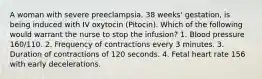 A woman with severe preeclampsia, 38 weeks' gestation, is being induced with IV oxytocin (Pitocin). Which of the following would warrant the nurse to stop the infusion? 1. Blood pressure 160/110. 2. Frequency of contractions every 3 minutes. 3. Duration of contractions of 120 seconds. 4. Fetal heart rate 156 with early decelerations.