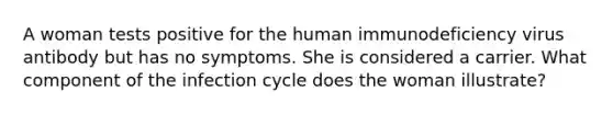 A woman tests positive for the human immunodeficiency virus antibody but has no symptoms. She is considered a carrier. What component of the infection cycle does the woman illustrate?