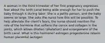 A woman in the third trimester of her first pregnancy expresses fear about the birth canal being wide enough for her to push the baby through it during labor. She is a petite person, and the baby seems so large. She asks the nurse how this will be possible. To help alleviate the client's fears, the nurse should mention the role of the hormone that softens the cervix and collagen in the joints, which allows dilation (dilatation) and enlargement of the birth canal. What is this hormone? estrogen progesterone relaxin human placental lactogen