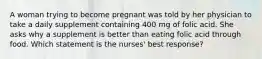 A woman trying to become pregnant was told by her physician to take a daily supplement containing 400 mg of folic acid. She asks why a supplement is better than eating folic acid through food. Which statement is the nurses' best response?