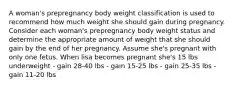 A woman's prepregnancy body weight classification is used to recommend how much weight she should gain during pregnancy. Consider each woman's prepregnancy body weight status and determine the appropriate amount of weight that she should gain by the end of her pregnancy. Assume she's pregnant with only one fetus. When lisa becomes pregnant she's 15 lbs underweight - gain 28-40 lbs - gain 15-25 lbs - gain 25-35 lbs - gain 11-20 lbs