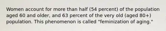 Women account for <a href='https://www.questionai.com/knowledge/keWHlEPx42-more-than' class='anchor-knowledge'>more than</a> half (54 percent) of the population aged 60 and older, and 63 percent of the very old (aged 80+) population. This phenomenon is called "feminization of aging."