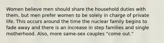 Women believe men should share the household duties with them, but men prefer women to be solely in charge of private life. This occurs around the time the nuclear family begins to fade away and there is an increase in step families and single motherhood. Also, more same-sex couples "come out."