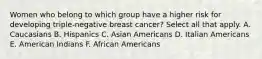 Women who belong to which group have a higher risk for developing triple-negative breast cancer? Select all that apply. A. Caucasians B. Hispanics C. Asian Americans D. Italian Americans E. American Indians F. African Americans