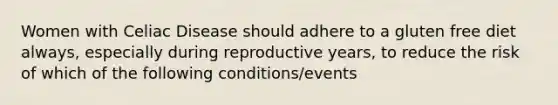 Women with Celiac Disease should adhere to a gluten free diet always, especially during reproductive years, to reduce the risk of which of the following conditions/events