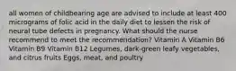 all women of childbearing age are advised to include at least 400 micrograms of folic acid in the daily diet to lessen the risk of neural tube defects in pregnancy. What should the nurse recommend to meet the recommendation? Vitamin A Vitamin B6 Vitamin B9 Vitamin B12 Legumes, dark-green leafy vegetables, and citrus fruits Eggs, meat, and poultry