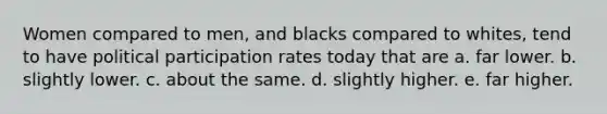 Women compared to men, and blacks compared to whites, tend to have political participation rates today that are a. far lower. b. slightly lower. c. about the same. d. slightly higher. e. far higher.