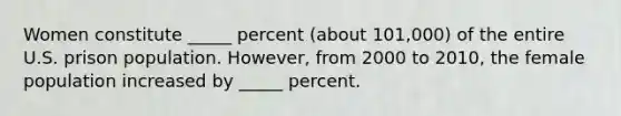 Women constitute _____ percent (about 101,000) of the entire U.S. prison population. However, from 2000 to 2010, the female population increased by _____ percent.