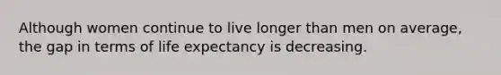 Although women continue to live longer than men on average, the gap in terms of life expectancy is decreasing.