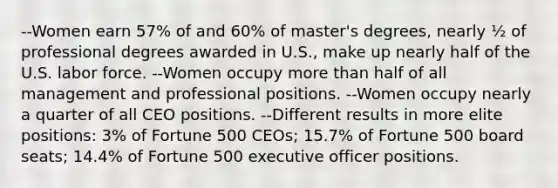 --Women earn 57% of and 60% of master's degrees, nearly ½ of professional degrees awarded in U.S., make up nearly half of the U.S. labor force. --Women occupy more than half of all management and professional positions. --Women occupy nearly a quarter of all CEO positions. --Different results in more elite positions: 3% of Fortune 500 CEOs; 15.7% of Fortune 500 board seats; 14.4% of Fortune 500 executive officer positions.