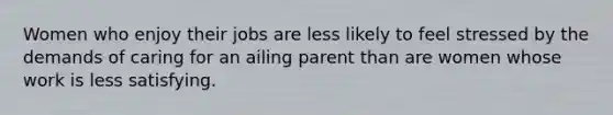 Women who enjoy their jobs are less likely to feel stressed by the demands of caring for an ailing parent than are women whose work is less satisfying.