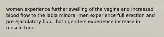 women experience further swelling of the vagina and increased blood flow to the labia minora -men experience full erection and pre-ejaculatory fluid -both genders experience increase in muscle tone