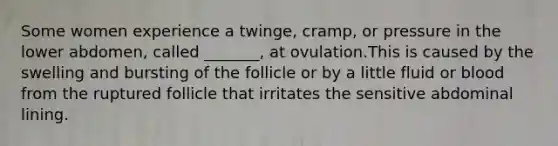 Some women experience a twinge, cramp, or pressure in the lower abdomen, called _______, at ovulation.This is caused by the swelling and bursting of the follicle or by a little fluid or blood from the ruptured follicle that irritates the sensitive abdominal lining.