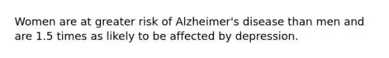 Women are at greater risk of Alzheimer's disease than men and are 1.5 times as likely to be affected by depression.