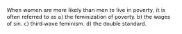 When women are more likely than men to live in poverty, it is often referred to as a) the feminization of poverty. b) the wages of sin. c) third-wave feminism. d) the double standard.