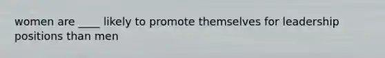 women are ____ likely to promote themselves for leadership positions than men