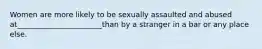 Women are more likely to be sexually assaulted and abused at_______________________than by a stranger in a bar or any place else.